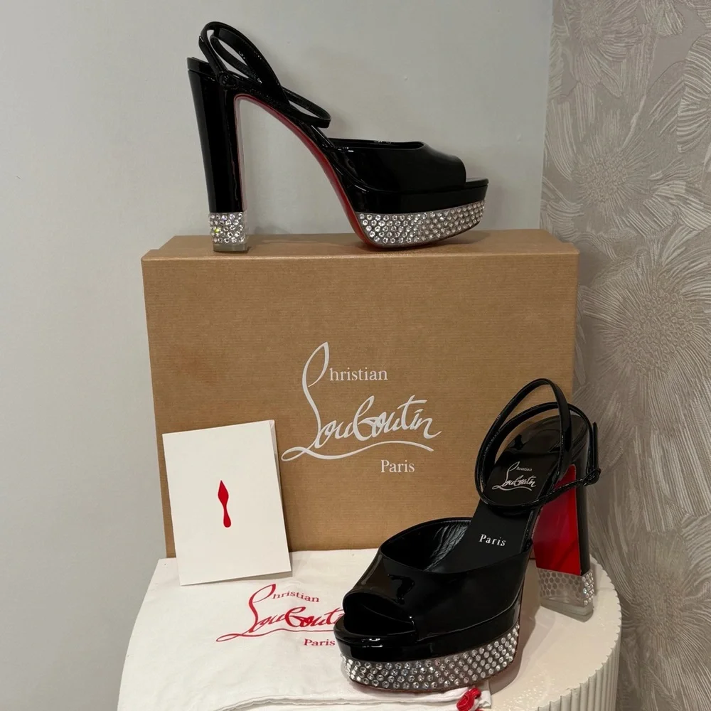 Christian Louboutin Black Patent Platform Sandals with Crystal Detail - Picture 2 of 4